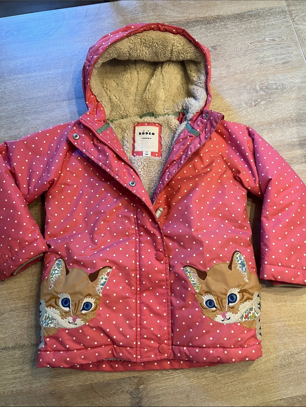 mini Boden girls 5/6 Sherpa lined cat appliqué coat VGUC